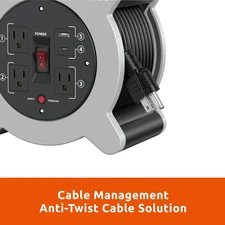 Cord Reel 30 Ft. Extension Cord 3 Power Outlets 2 USB Ports A/C 2.4A Fast Charge