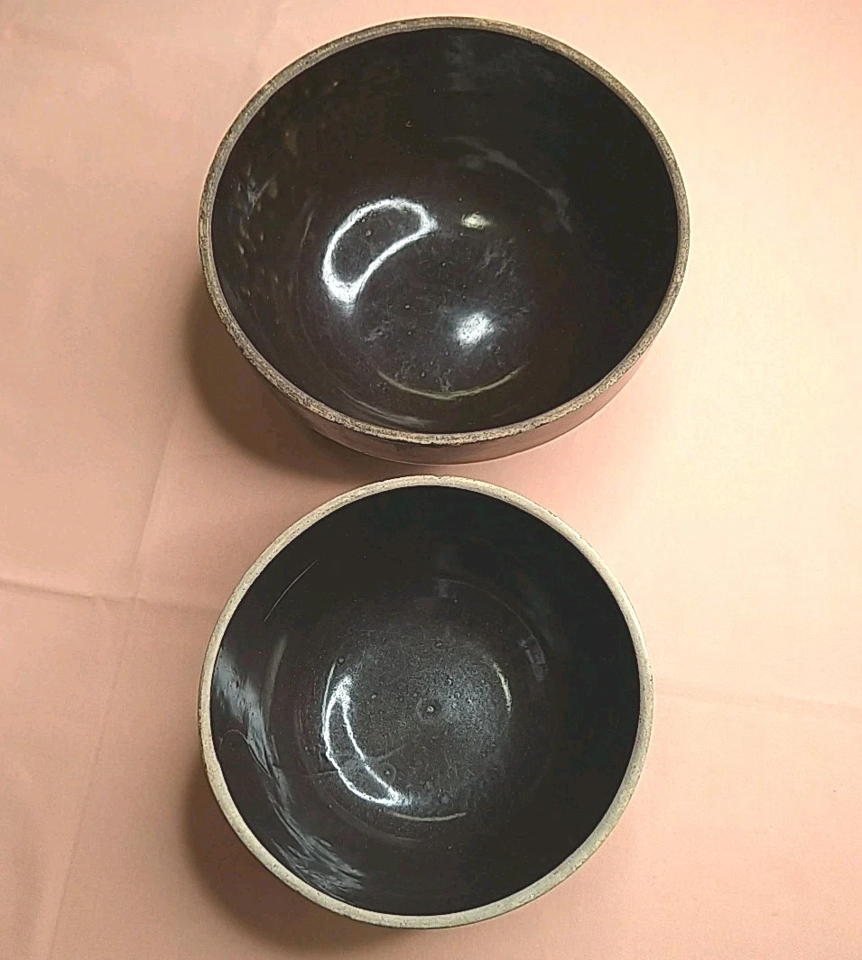 Rustic Pottery Dough Mixing Bowls Dark Brown Stoneware Set Of 2 8.5" & 6.5"