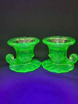 VTG Uranium Depression Glass Candleholder Set Cornucopia Horn Of Plenty MINT