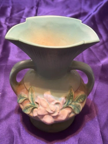 Vintage 1950’s Gardenia Roseville Art Pottery Vase Double Handled Green 684-8