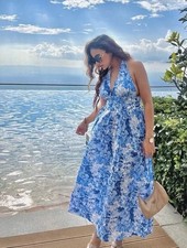 ZARA ABITO MIDI STAMPATO SCOLLO A V SPALLINE LARGHE REGOLABILI ~ BLU ~ TAGLIA L~ 7612/022