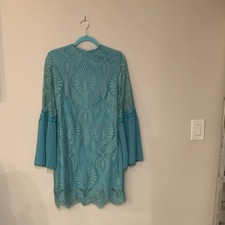 Blue Lace Shift Dress, Long Bell Sleeves, Zip Closure, Short, Round Neck