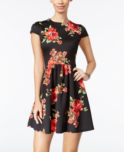 B. Darlin Floral Printed Sequin V-Neck Tie Front A-Line Homecoming Dress, Womens, 9, Pink/Iridescent