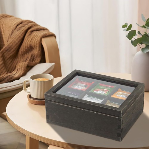 Wood Big Black Tea Bag Organizer Storage Box 12-Compartment Multi-Functional Box - Picture 14 of 24