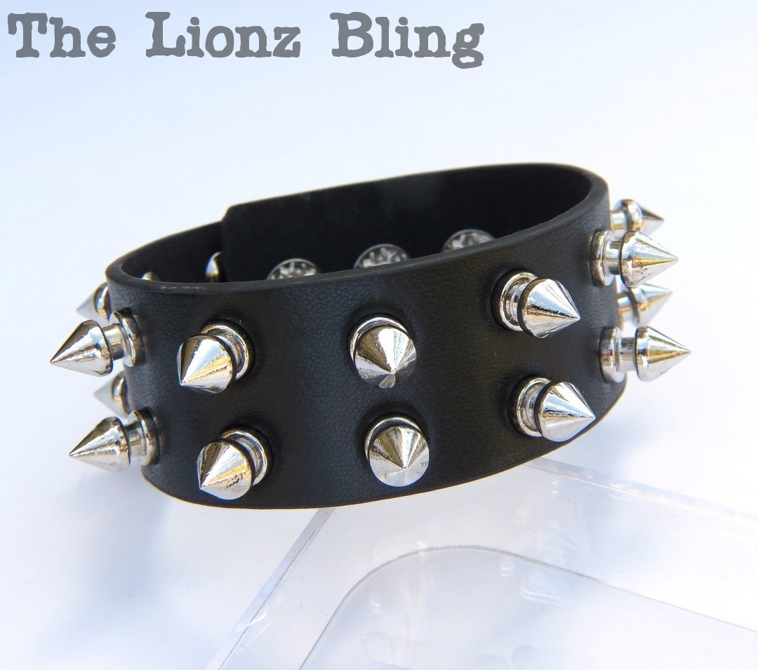 Emo Gothic Punk Black Leather Wide Band Bracelet with 2 Rows