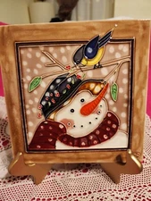 ART TILE/SNOWMEN HAND CRAFTED  GLAZED DECORATIV PICTURES TRIVET FOR HOTPLATES  