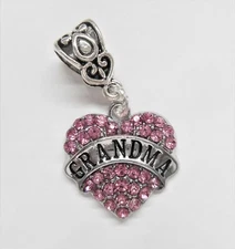 GRANDMA PINK PAVE CRYSTAL HEART EUROPEAN BRACELET CHARM BEAD & POUCH!
