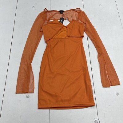 Pretty Little Thing Orange Mesh Lace Up Detail Overlay Bodycon Dress  Women's 6 | eBay
