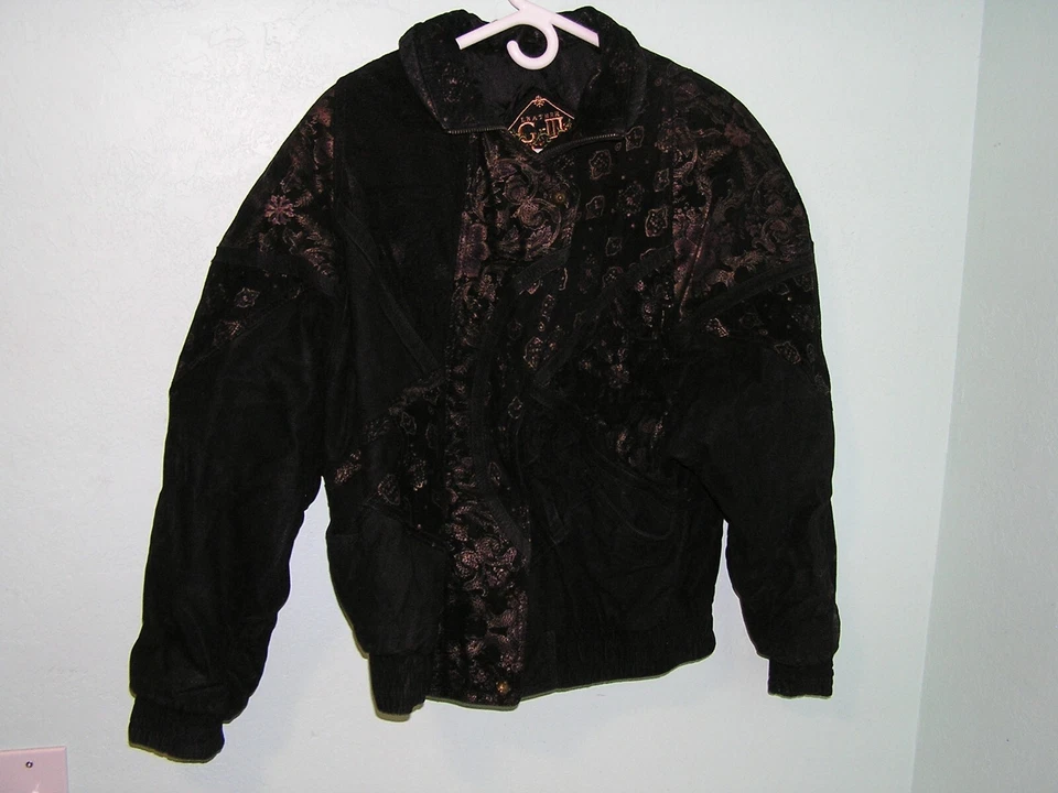 Chaqueta Bomber G-III Floral Cuero Negro Vintage Motocicleta Mujer Mediana M