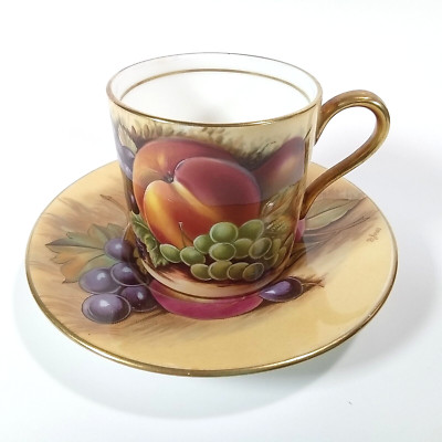 Vintage Aynsley Orchard Gold Fruit Demitasse Coffee Cup & Saucer Signed D Jones