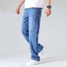 Men Denim Jeans Pants Cargo Trousers Stretch Straight Leg Zipped Pocket Trousers