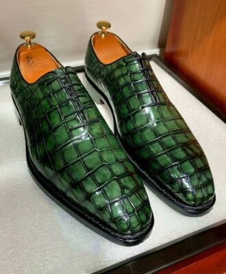 Handmade men green crocodile textured shoes, leather shoes  display picture 1