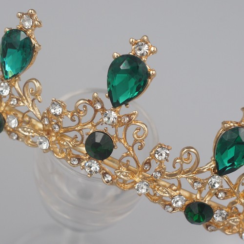 Princess Green Austrian Crystal Rhinestone Tiara Crown Headband Wedding 279 Gold - Picture 3 of 7