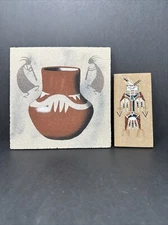 2 Navajo Sand Art Painting Kokopellis Thunderbird Clay Pot Pottery Jug Signed