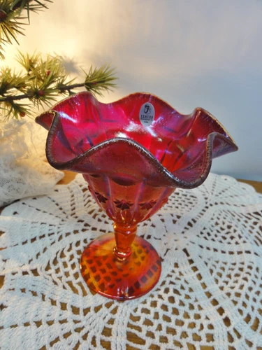 Fenton Museum Collection Red Iridescent Glass Compote 2002