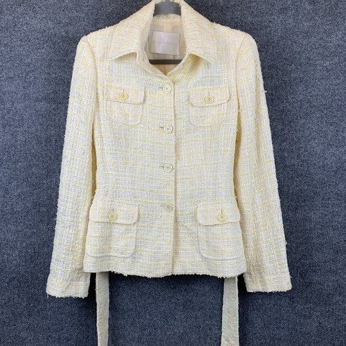 Monique Lhuillier Jacket 10 Silk Wool Yellow Button Up Belt Designer Made USA - Picture 10 of 17