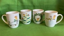 Set 4 Rachael Ray Christmas Holiday Mugs Little Hoot Owl Snowman Sleigh Wreath