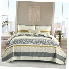 Stripe Queen Size Quilt - 100 Cotton Soft Queen 90"x98" Gold/Gray/Beige