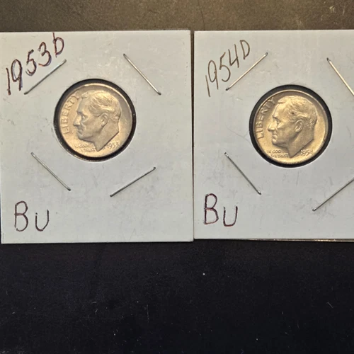 Lot of 2 Roosevelt silver dimes.1953d 1954d Unc