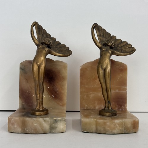 Art Deco Bookends - Dancing Woman w/ Feathers - Bronze Figurines on Marble Base