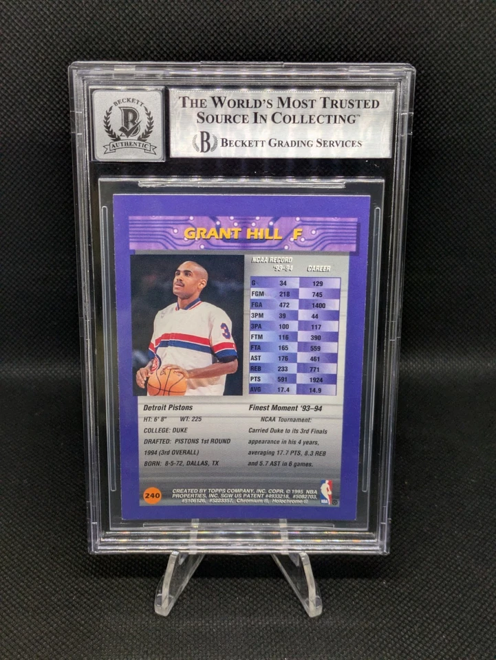 Grant Hill Signed On Card 1994-95 Topps Finest RC #240 Beckett BAS Auto Grade 10 - Image 2 of 2