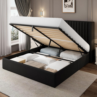 Queen Size Upholstered Lift Storage Bed with Wingback Headboard, Black