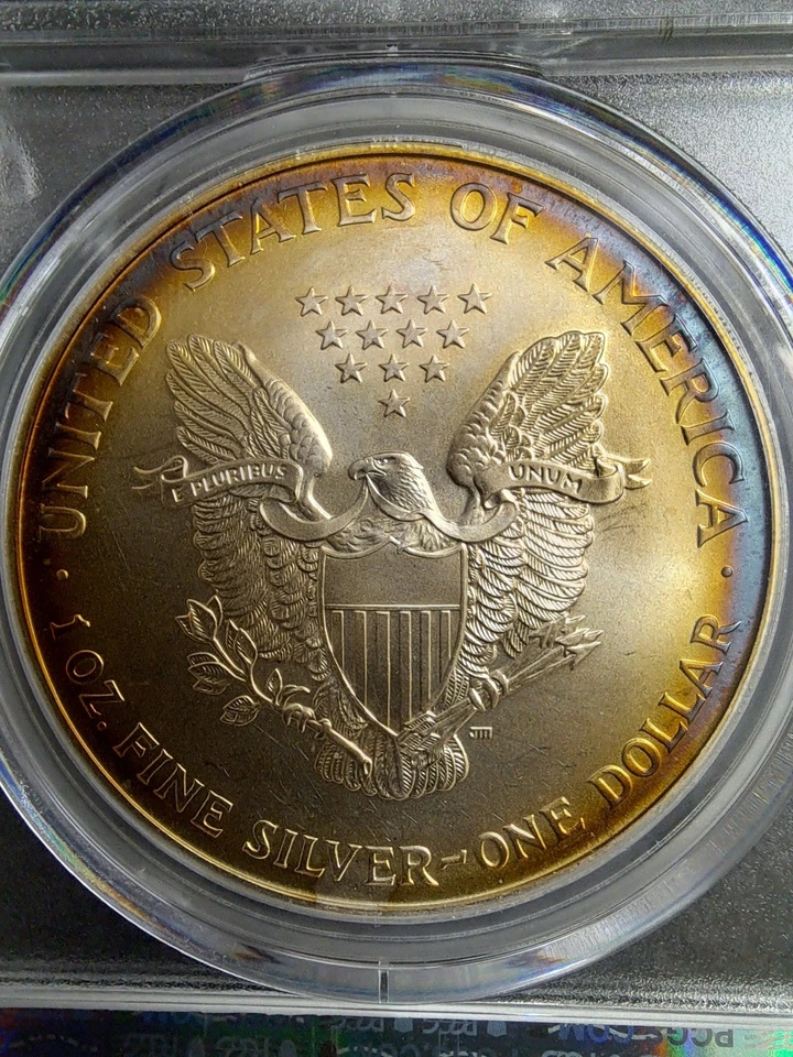 1996 AMERICAN SILVER EAGLE PCGS MS68 MONSTER RAINBOW TONED KEY DATE  - Image 4 of 4