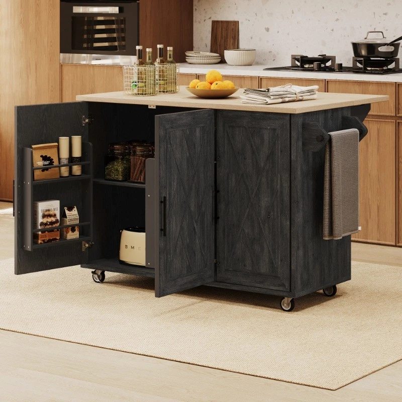 51.2"W Geometric Twill Stripe Design Kitchen Island with Internal Storage Rack - Image 3 of 4