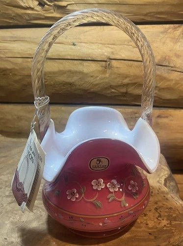 FENTON LIMITED EDITION & SIGNED CRANBERRY-GLASS MINI BASKET VASE FLORAL DESIGN