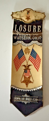 GAR Civil War Veteran Ribbon Badge William Losure 38th Ohio Wauseon OH