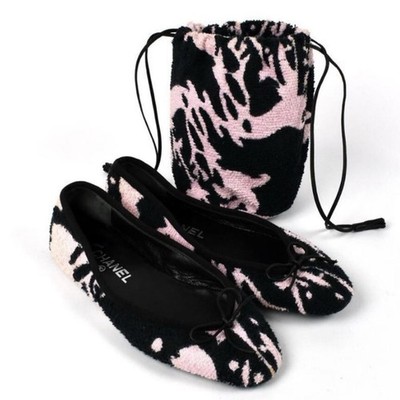 CHANEL Black & Pink Floral Logo Terry Bow Ballet Flats Women s EU 36