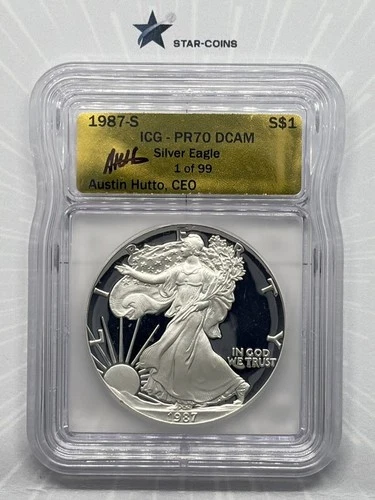 1987-S Proof Silver Eagle ICG PR70 DCAM Austin Hutto Signed Gold Label 1 of 99