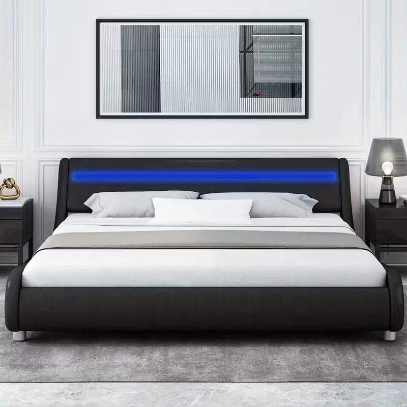 FULL SIZE bed LED-Lit Adjustable Headboard Bed Frame Modern Black Platform Bed - Image 2 of 4