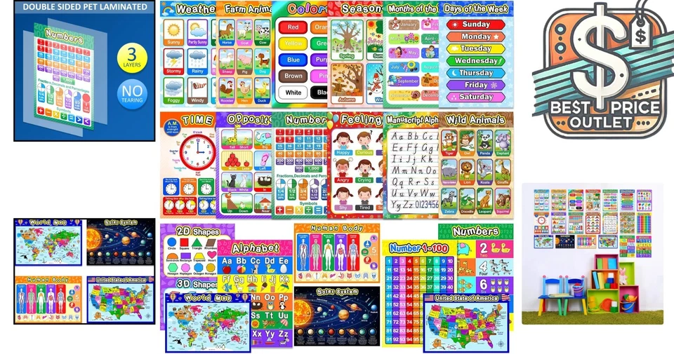 Большие обучающие плакаты 16x11 дюймов для малышей - интерактивный образовательный декор - Изображение 2 из 4
