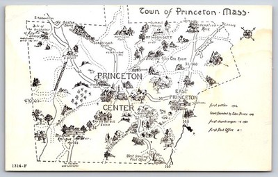 Map of Princeton Massachusetts MA c1940 Postcard