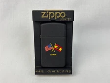 1985 Zippo USA & Spain Flags Matte Black Slim Lighter Unstruck Vintage