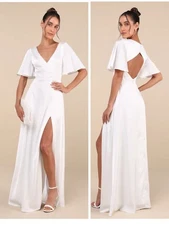 Lulus Elegant Confidence Whit Satin Flutter Sleeve Cutout Maxi Dress Size XS NWT