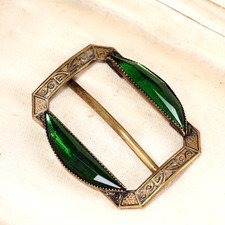 Vintage Czechoslovakia Art Deco Brass And Green Glass Belt Buckle