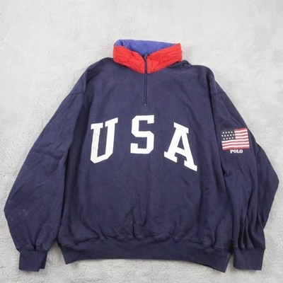 Vtg Ralph Lauren Herren Gr. XL Spell Out USA Flag Packable Hooded Sweatshirt 90s