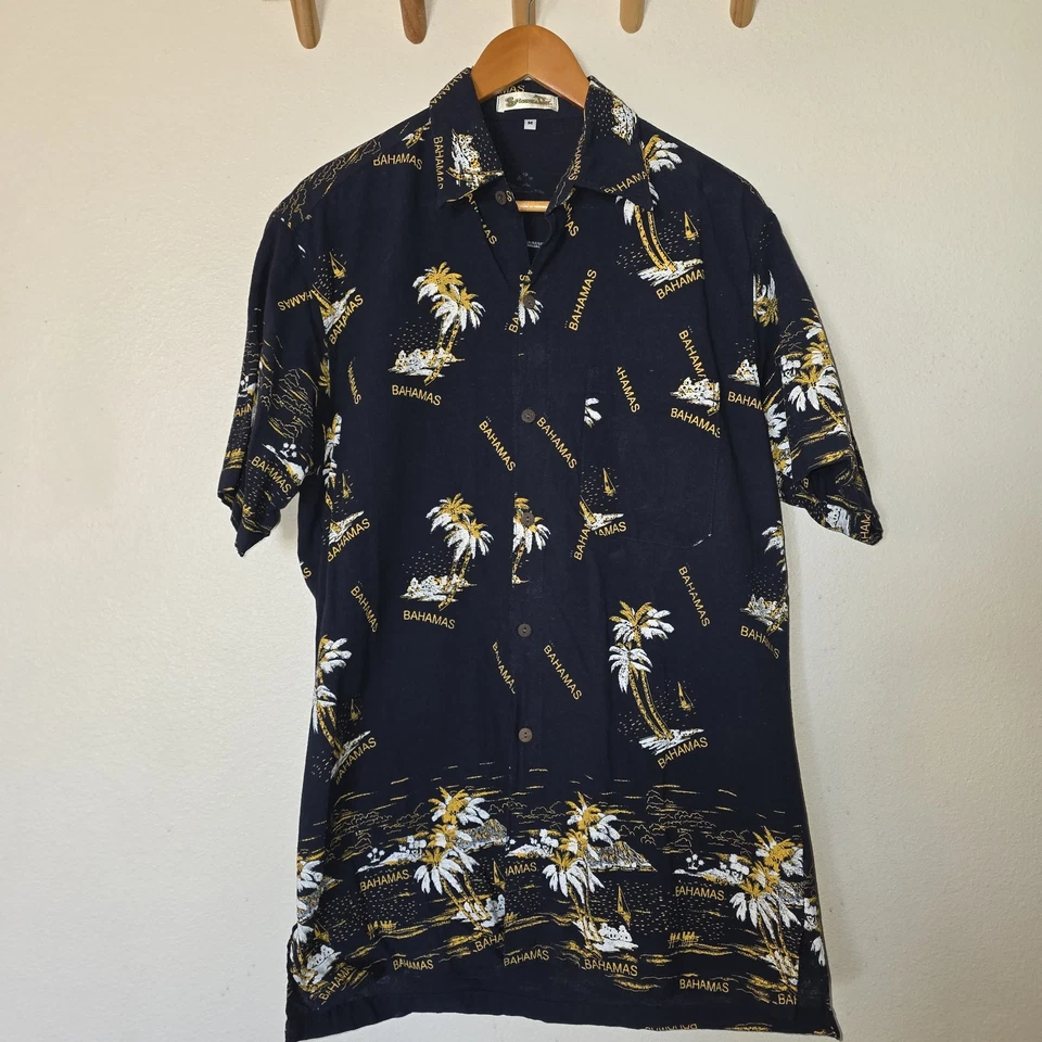 Shoreline Bahamas Shirt Men’s M Blue Hawaiian Button Up 100% Cotton Palm Trees - Image 3 of 4