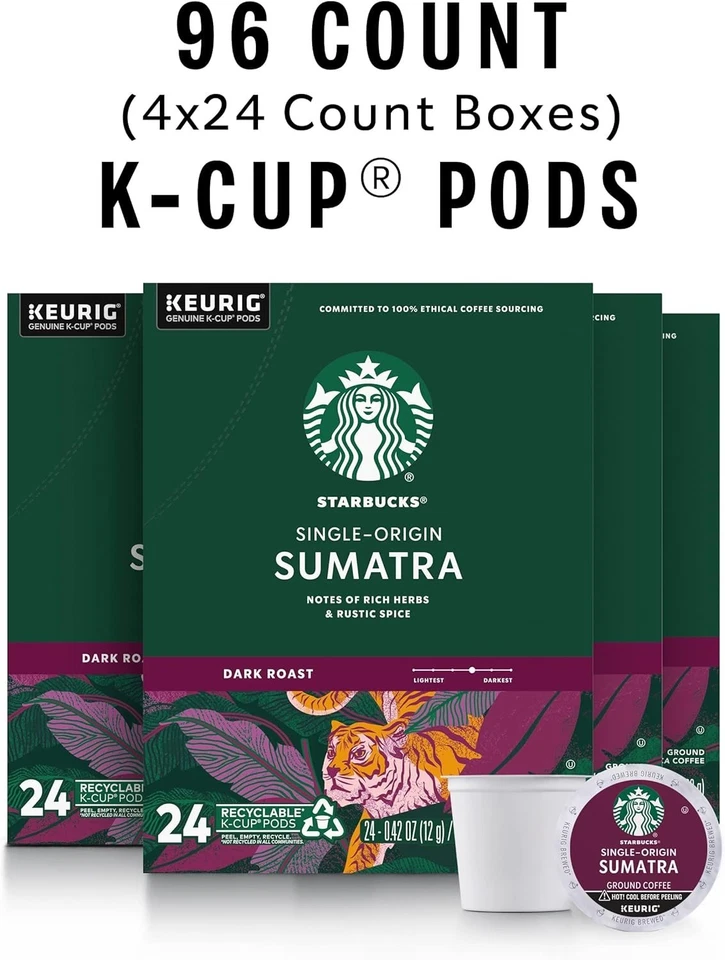 Starbucks Sumatra Tostado Oscuro K-Cup Cápsulas 100% Café Arábica 96 Cápsulas NUEVO CON CAJA Foto 2 de 4