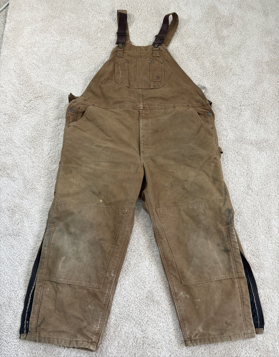 Carhartt Duck Bib Lined Overalls Pants Double Knee Brown Tag 48x28