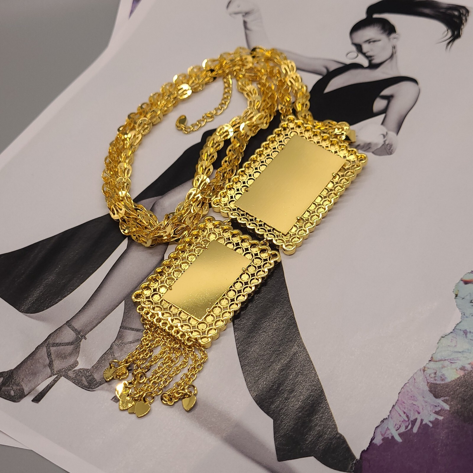 Vintage Rose Pattern Rectangular Pendant Gold Nec… - image 10