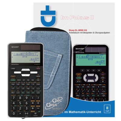 Sharp EL-W531 TG WH weiß mit CalcCase Schutztasche jeans-hell und Buch