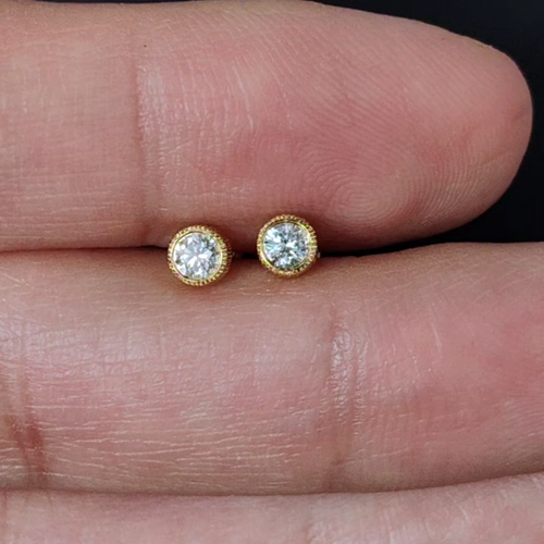 Milgrain Finish Brilliant Natural Diamond Bezel Stud Earrings 18K Yellow Gold - Video 1 of 1