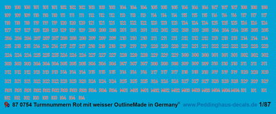 Peddinghaus-Decals 1/87 0754 Turmnummern rot mit weißer Outline