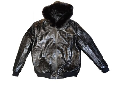 MEN'S BLACK CROCODILE EMBOSSED REAL LEATHER WITH FAUX FUR HOODIE BOMBER JACKET