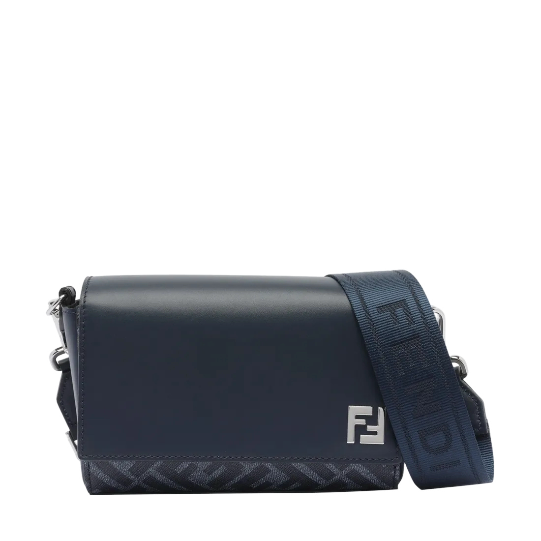 ニューシーズン Fendi FFスクエア メッセンジャーバッグ FENDI FF Squared $1350 Dark Blue Leather/Canvas Compact