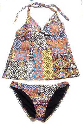 Mossimo Black Multicolor Bandana Halter Tankini Swimsuit Sz M Top