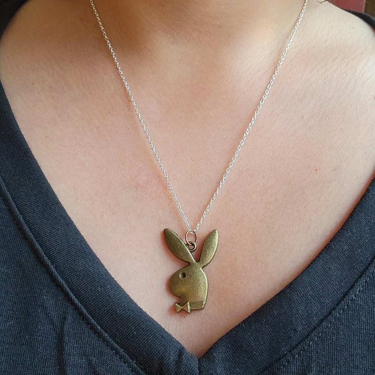 Classic Bronze & Silver Playboy Bunny Pendant Dangle Drop Necklace